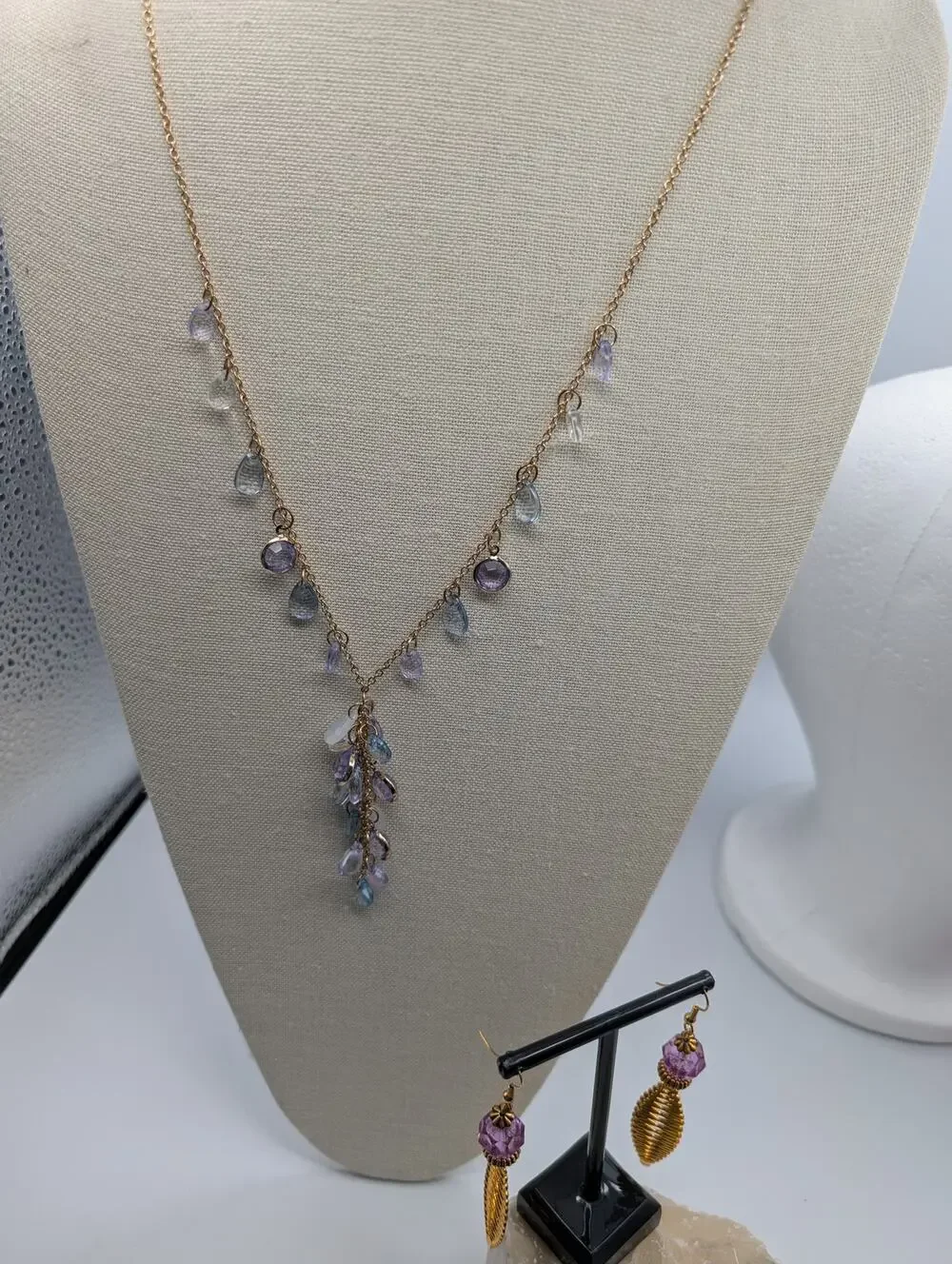 Fashion Dainty Gold Tone Beaded Drop Necklace & Earrings Set Purple Blue Clear